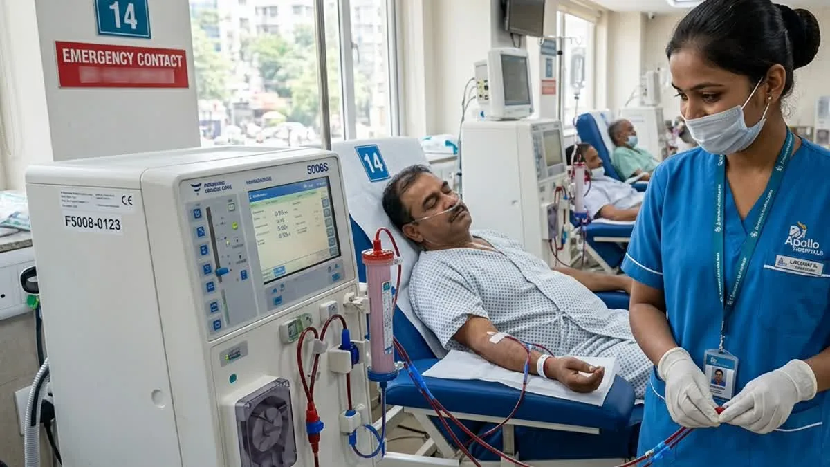 Indian dialysis technician preparing hemodialysis machine and dialyzer lines at Philadelphia Mission Hospital Ambala OSPMC