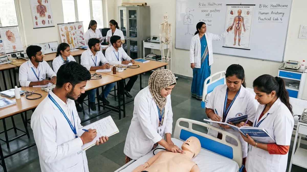 Indian female healthcare lecturer teaching anatomy and clinical pulse examination on training mannequin to students at Philadelphia Mission Hospital Ambala OSPMC