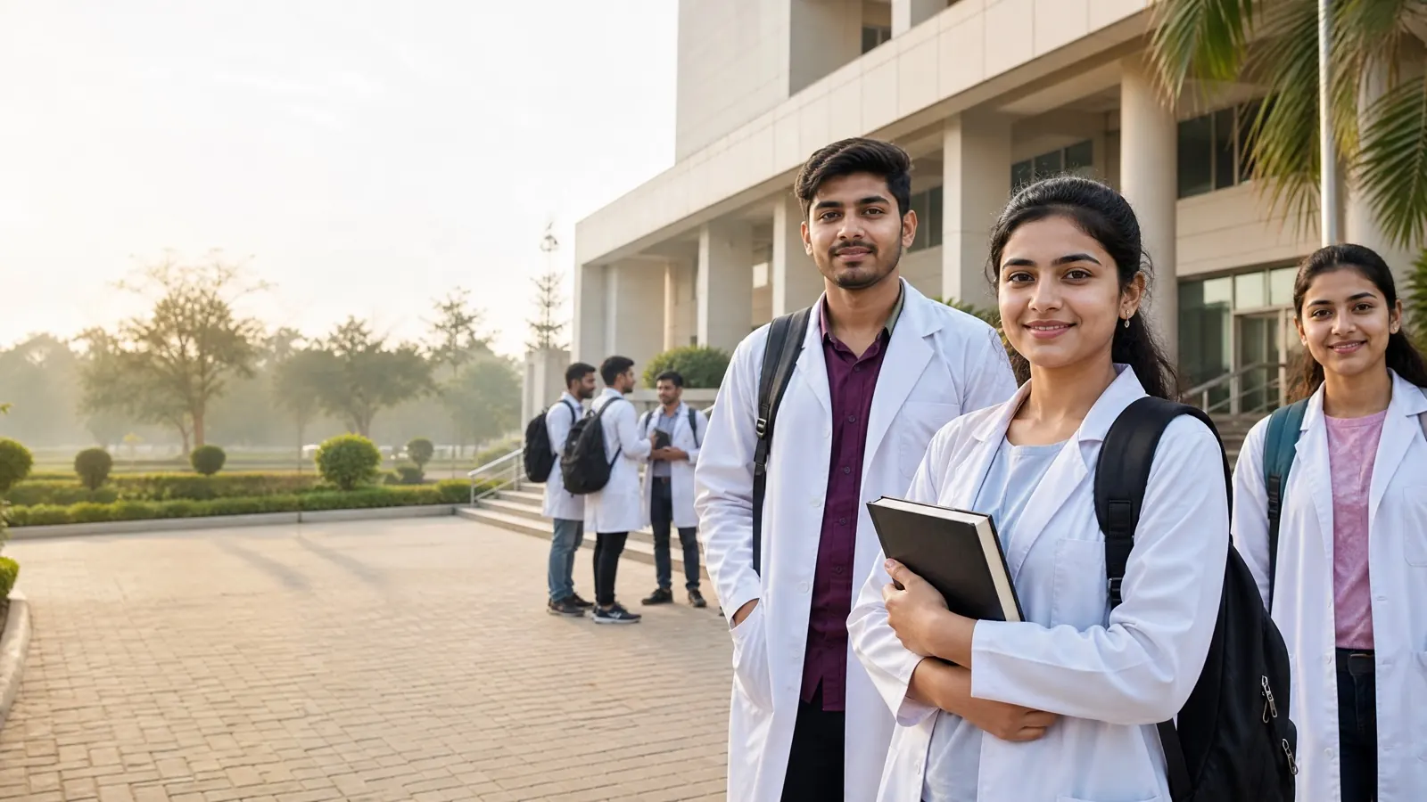 Paramedical students in lab coats walking on a college campus