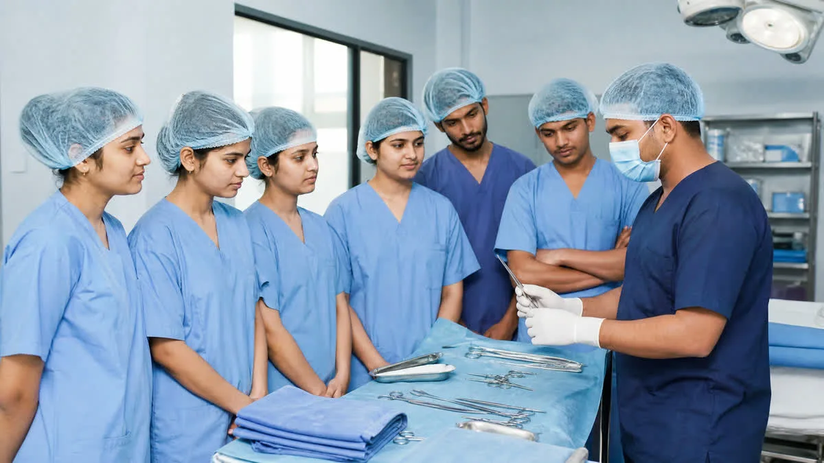 Indian surgeon demonstrating surgical scissors and clamps on Mayo trolley to operation theatre technician students in scrubs at Philadelphia Mission Hospital Ambala OSPMC