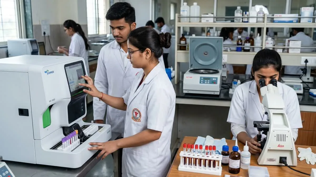 Indian medical lab technology students operating automated hematology analyzer and REMI centrifuge at Philadelphia Mission Hospital Ambala OSPMI