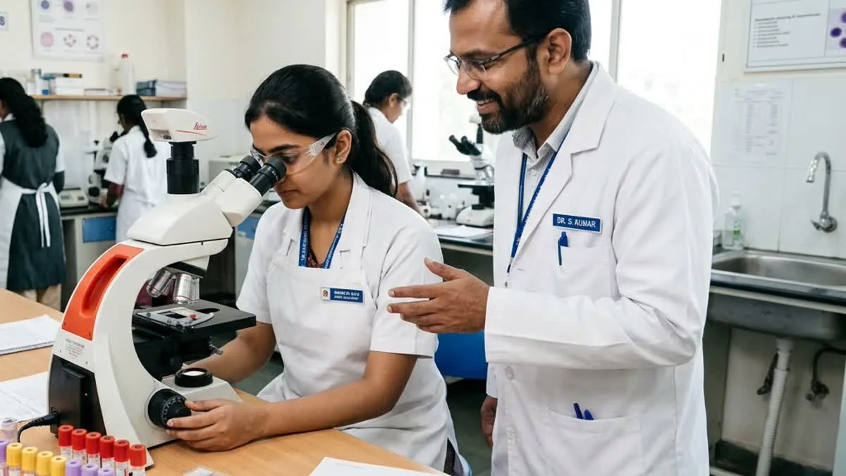 Senior Indian pathologist Dr. S. Kumar guiding laboratory students on hematology microscopy at Philadelphia Mission Hospital Ambala OSPMC
