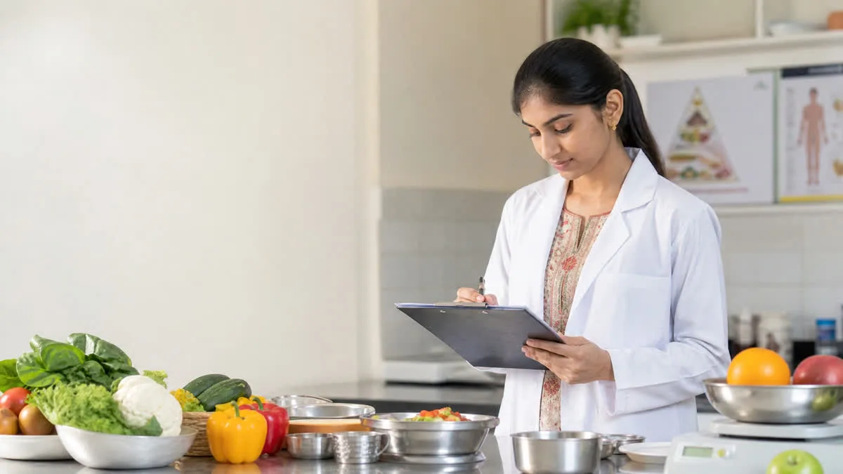 Indian clinical dietitian in white coat with food pyramid chart and dietary scale planning therapeutic nutrition at Philadelphia Mission Hospital Ambala OSPMC