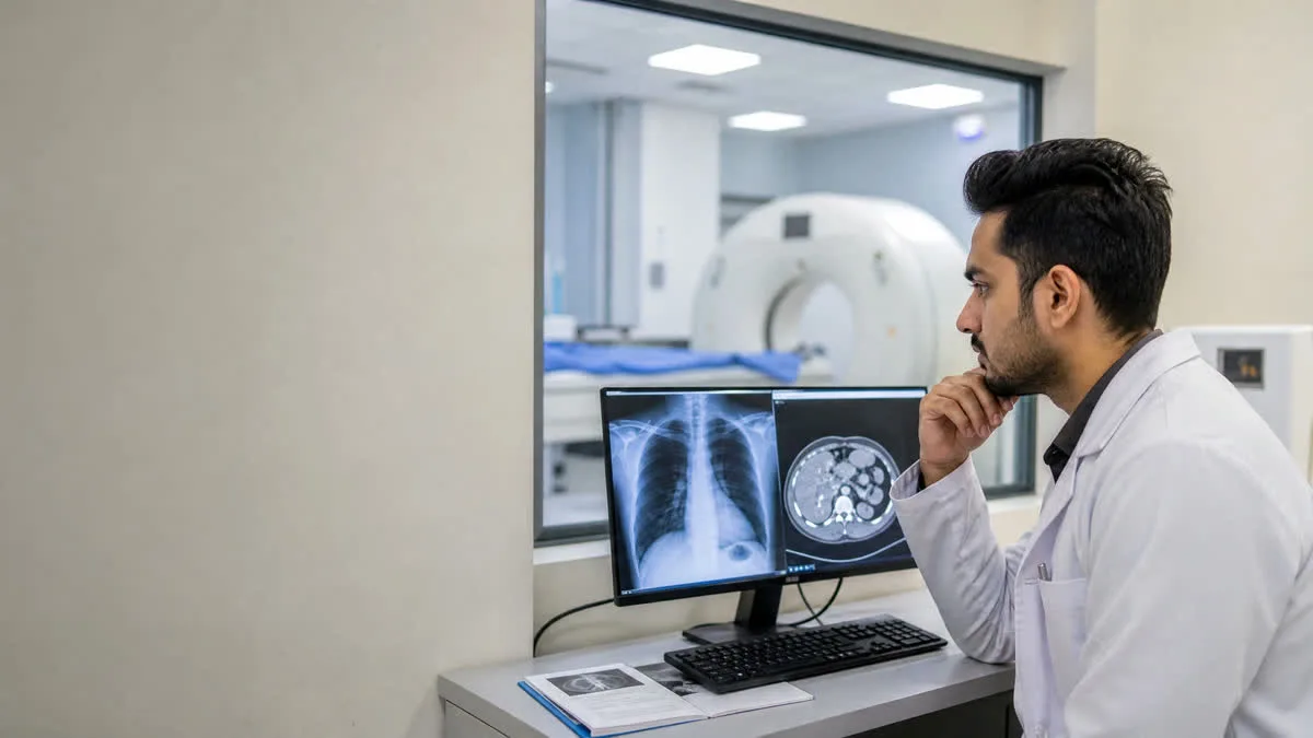 Indian radiologist and medical technologist reviewing high-resolution diagnostic imaging scan on modern console at Philadelphia Mission Hospital Ambala OSPMC