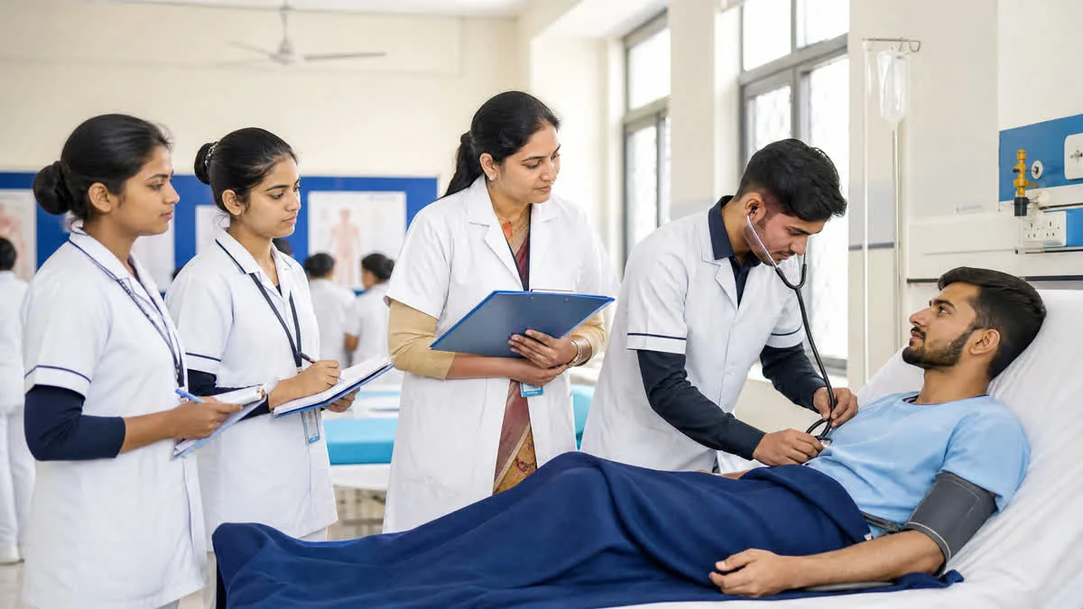 Indian clinical healthcare students learning patient rights, privacy and bedside ethics in hospital ward at Philadelphia Mission Hospital Ambala OSPMC