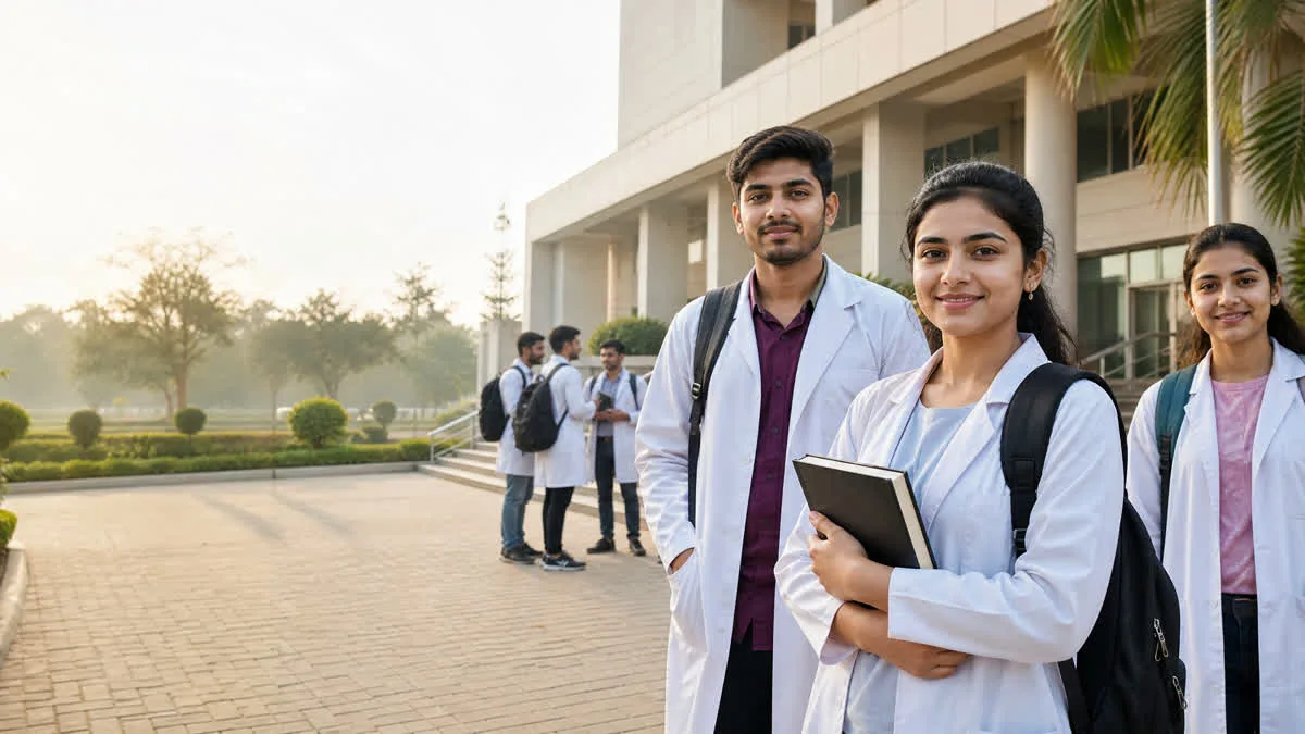 Indian paramedical graduates with medical backpacks and textbooks smiling outside hospital college campus at Philadelphia Mission Hospital Ambala OSPMC