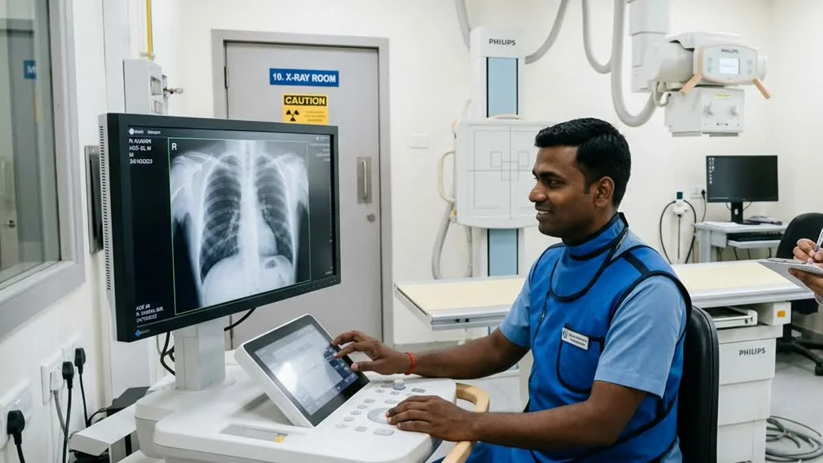 Indian radiographer operating digital X-ray console in Room 10 at Philadelphia Mission Hospital Ambala OSPMI