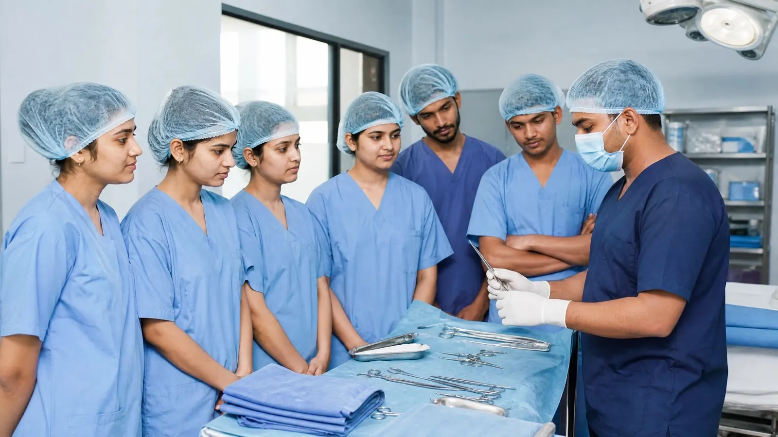 Operation theatre technology students in scrubs learning surgical instrument setup (B.Voc OT Technology course)