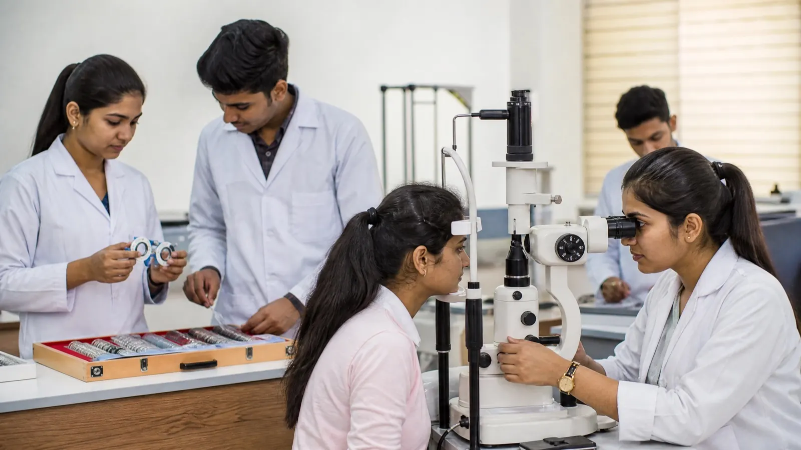 Optometry students practising eye examination on a slit lamp and trial lens set (Diploma in Optometry course)