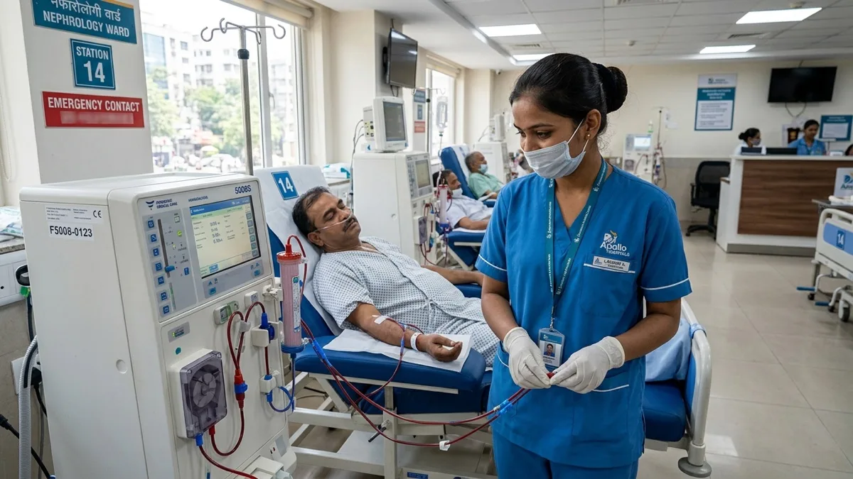 Indian dialysis nurse and patient in Nephrology Ward Station 14 at Philadelphia Mission Hospital Ambala OSPMI