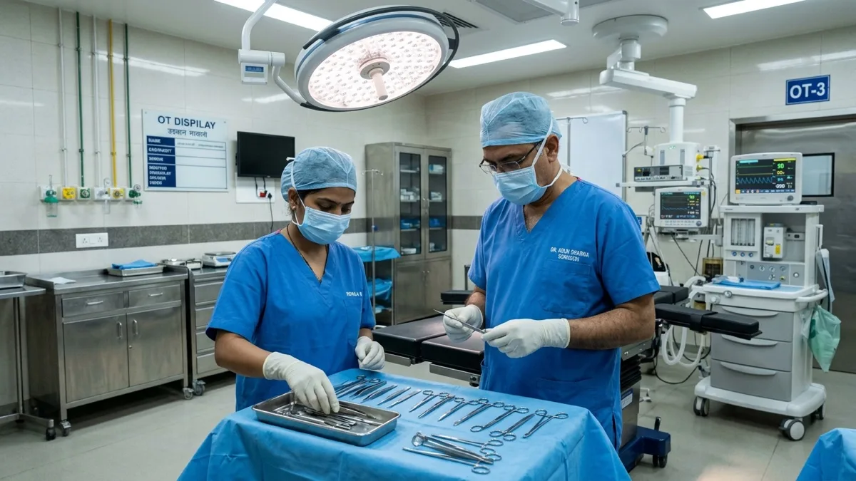 Indian B.Sc OTT surgical technicians and surgical staff in high-tech operation theatre at Philadelphia Mission Hospital Ambala OSPMI
