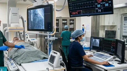 Indian cardiologist and cardiac care technician operating C-arm fluoroscopy in Cath Lab at Philadelphia Mission Hospital Ambala OSPMC
