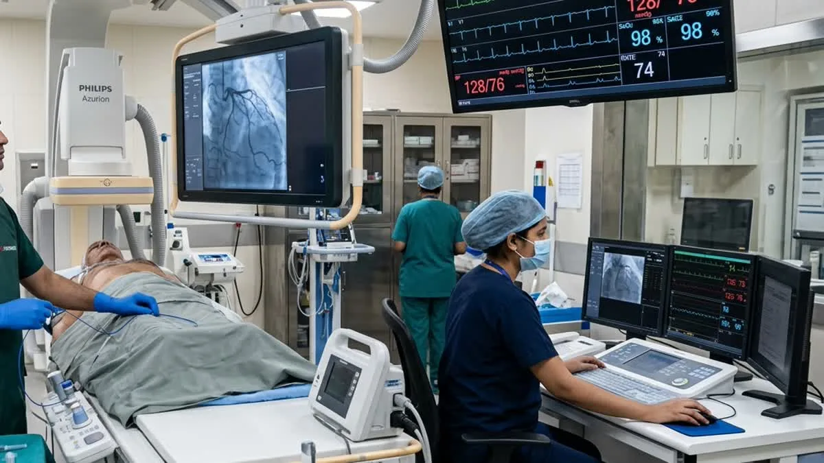 Indian female cardiac technologist operating hemodynamic vitals console in Cath Lab at Philadelphia Mission Hospital Ambala OSPMI