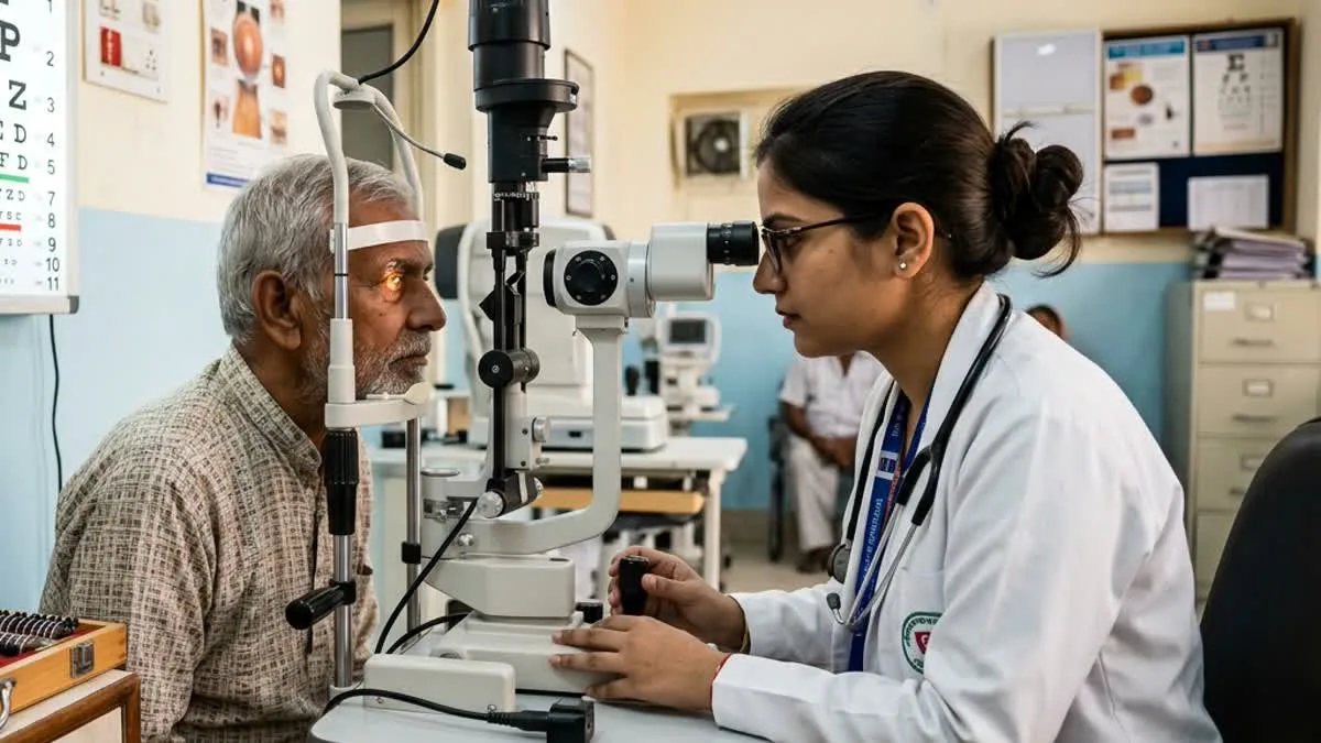 Indian doctor optometrist consulting patient with trial frames and eye charts at Philadelphia Mission Hospital Ambala OSPMI