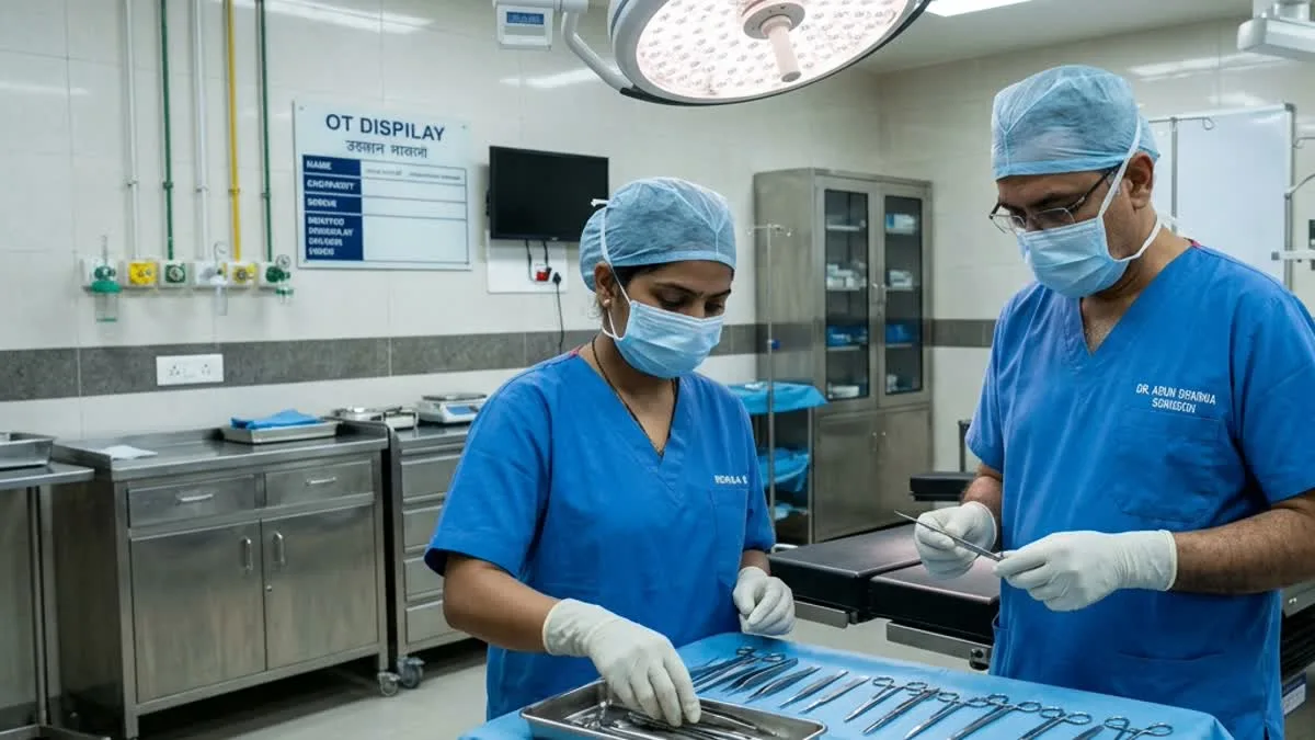 Indian female operation theatre technician sterilizing surgical instruments on Mayo trolley at Philadelphia Mission Hospital Ambala OSPMI