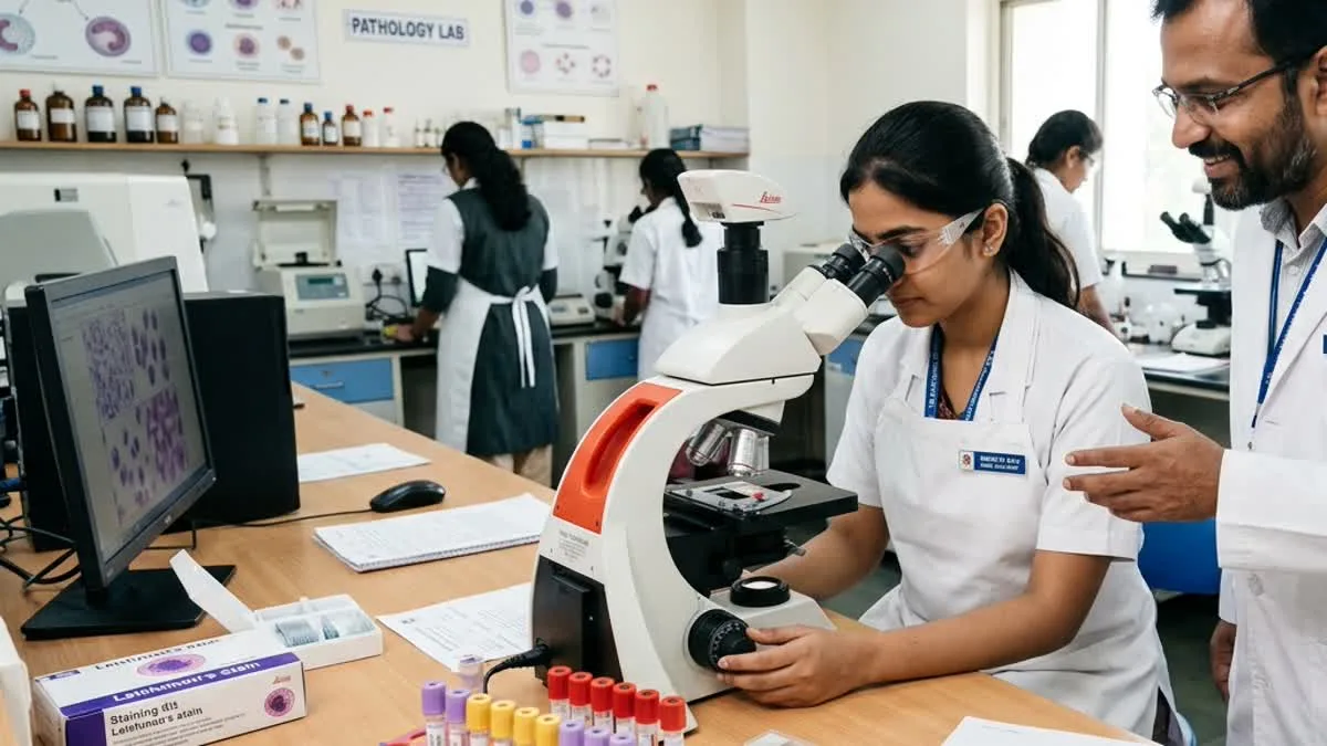Indian female medical laboratory technology student operating compound microscope examining blood smears at Philadelphia Mission Hospital Ambala OSPMI