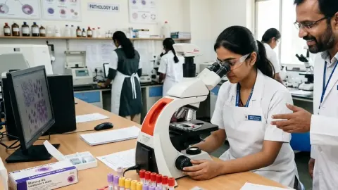Indian female medical laboratory technology student operating compound microscope examining blood smears at Philadelphia Mission Hospital Ambala OSPMC