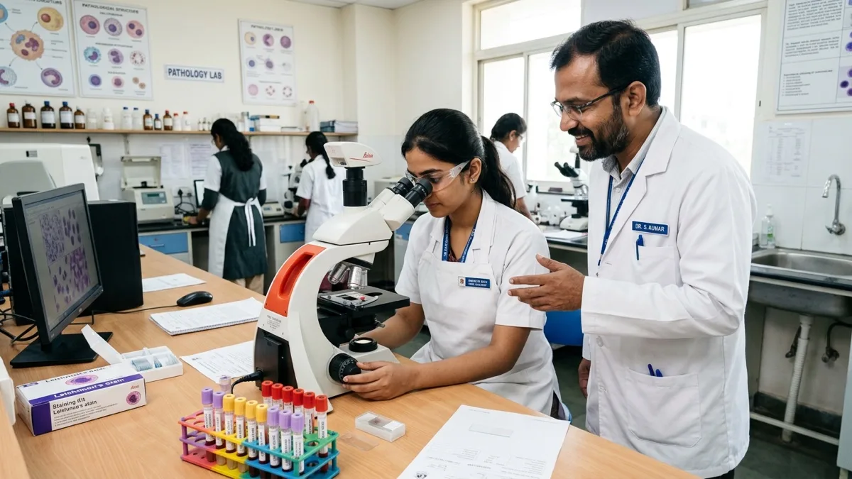Indian B.Voc medical laboratory technology students training in pathology diagnostics laboratory at Philadelphia Mission Hospital Ambala OSPMI