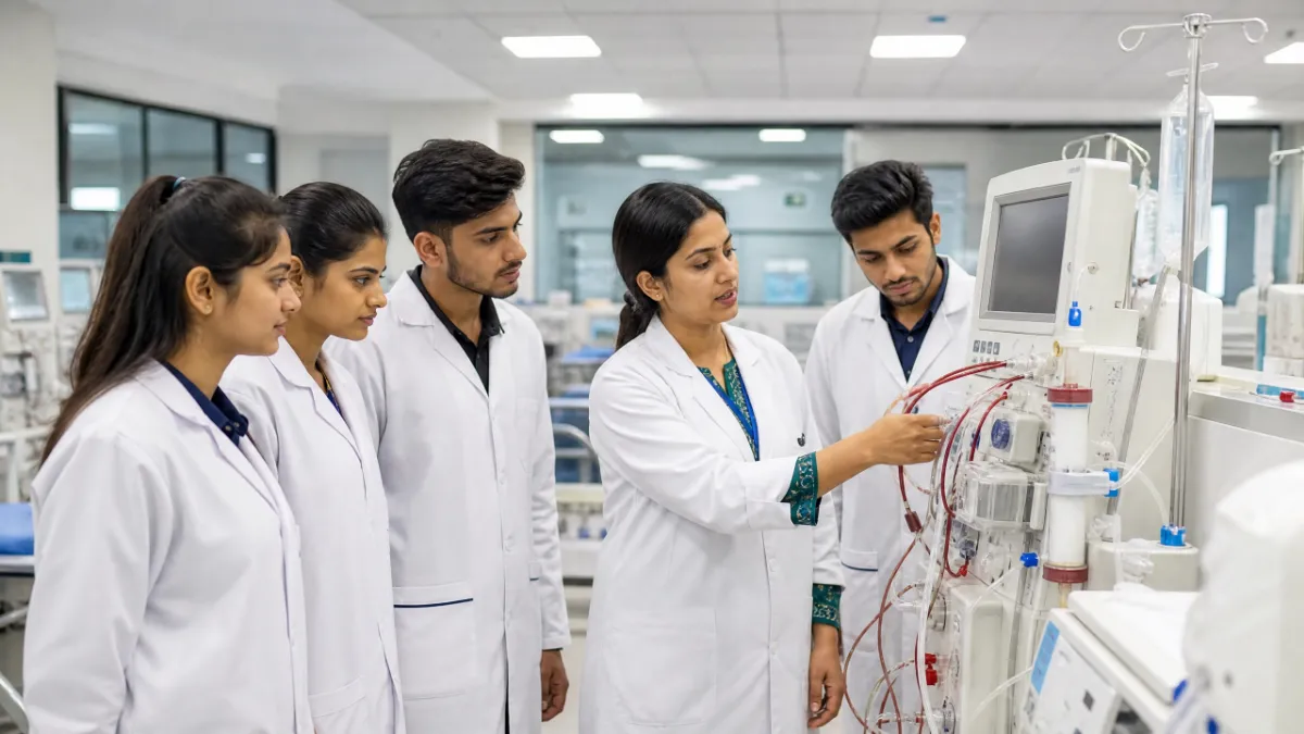 Dialysis technician students learning hemodialysis machine setup and blood line priming during practical training, Ambala - OSPMC