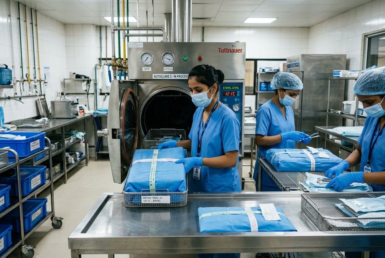 Sterile supply CSSD technician students packing surgical instruments for autoclave sterilization at Philadelphia Mission Hospital Ambala OSPMI