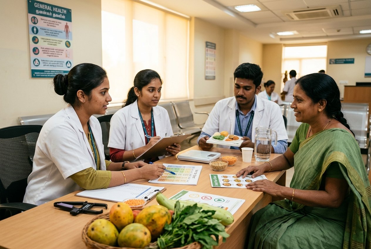 Nutrition and dietetics students conducting therapeutic diet planning consultation at Philadelphia Mission Hospital Ambala OSPMI