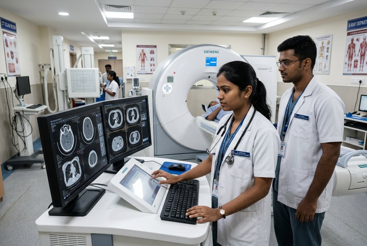 Radiology imaging technology students operating digital X-ray console at Philadelphia Mission Hospital Ambala OSPMI
