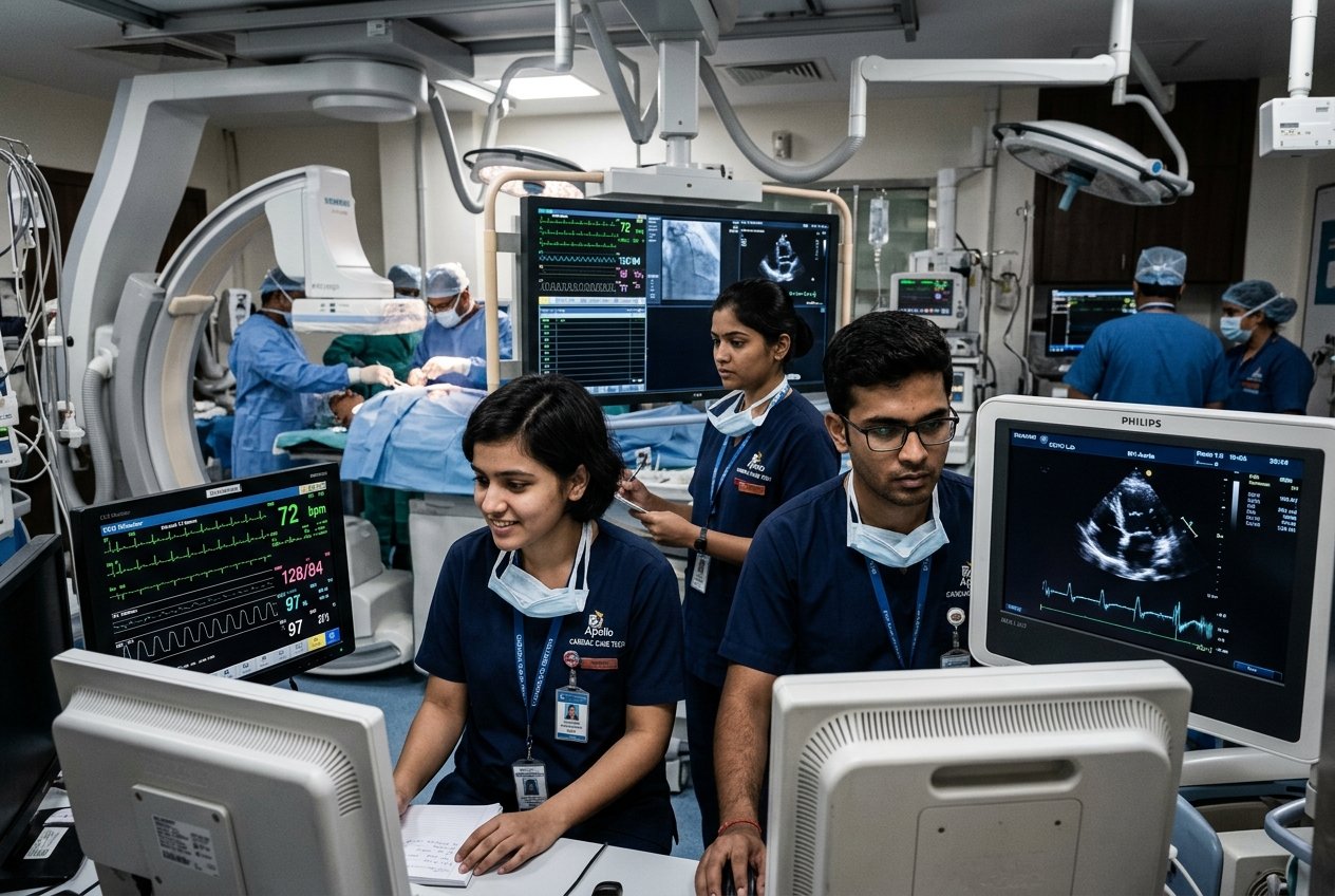 Cardiac care technology students monitoring vitals in cardiac catheterization lab at Philadelphia Mission Hospital Ambala OSPMI