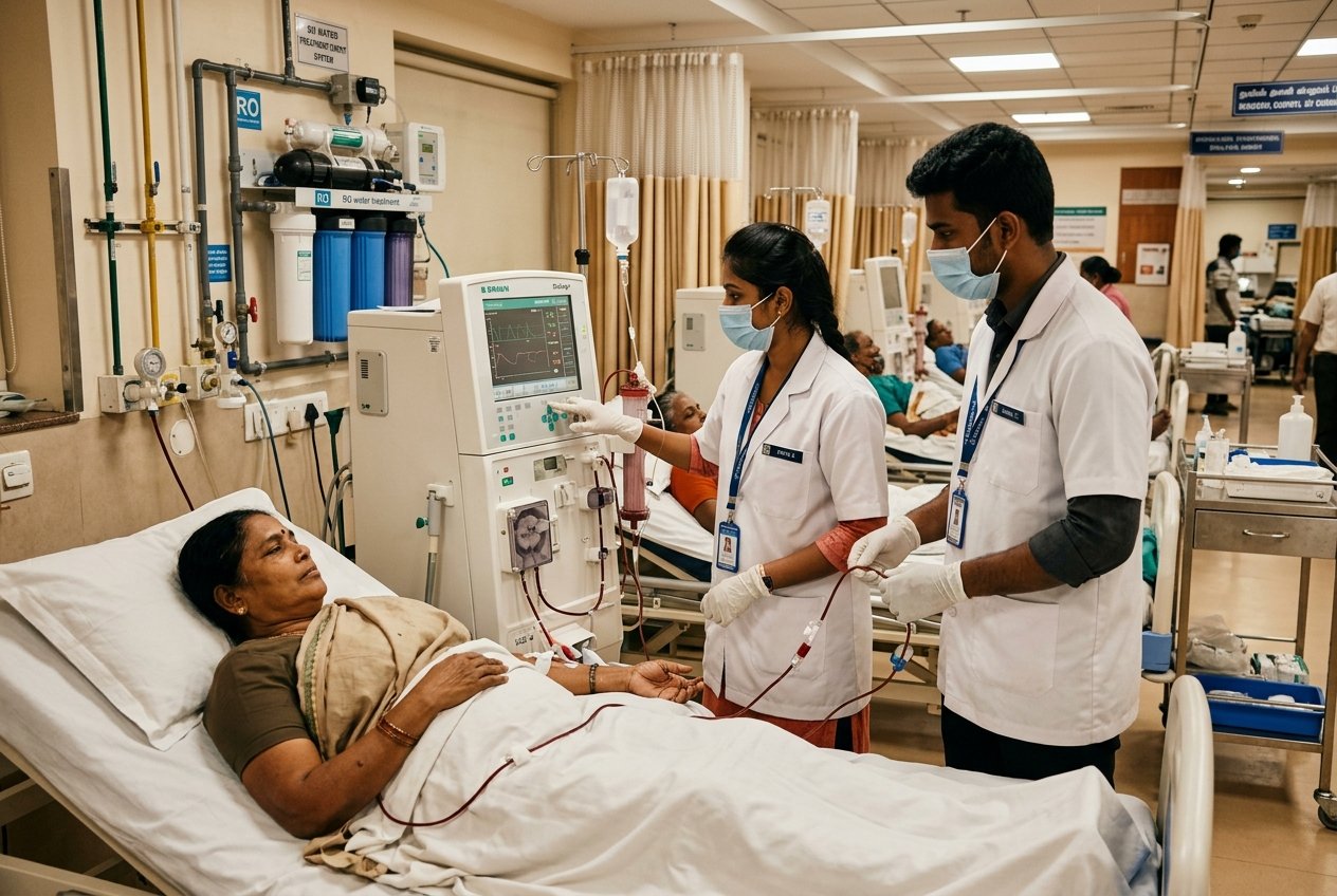 Dialysis technology students operating Fresenius hemodialysis machine in nephrology ward at Philadelphia Mission Hospital Ambala OSPMI