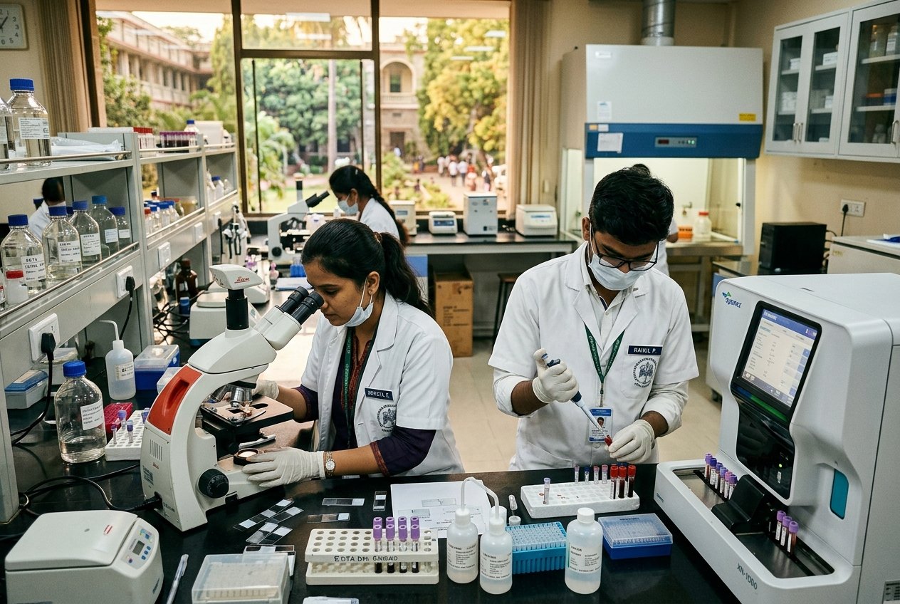 Medical laboratory technology students analyzing diagnostic specimens at Philadelphia Mission Hospital Ambala OSPMI