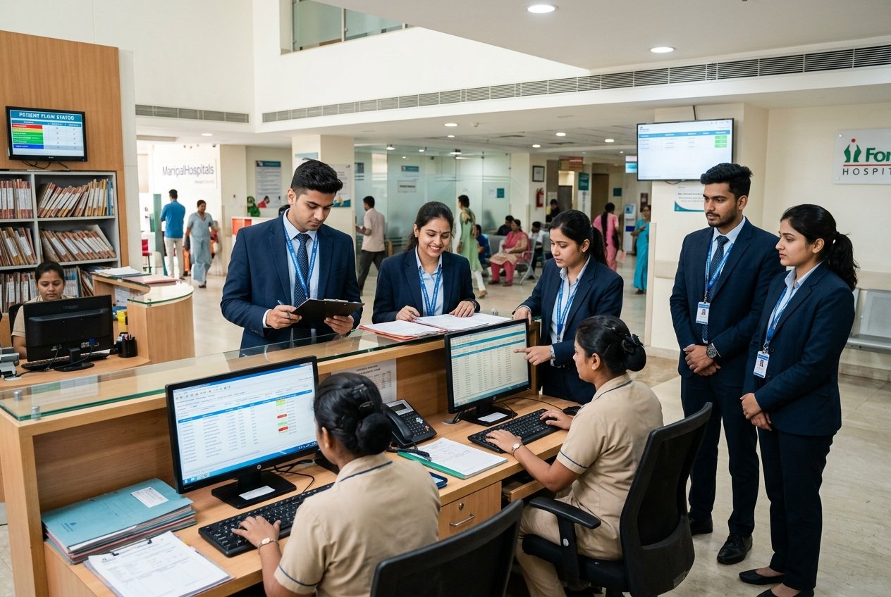Hospital management students managing patient admission records and health administration desk at Philadelphia Mission Hospital Ambala OSPMI