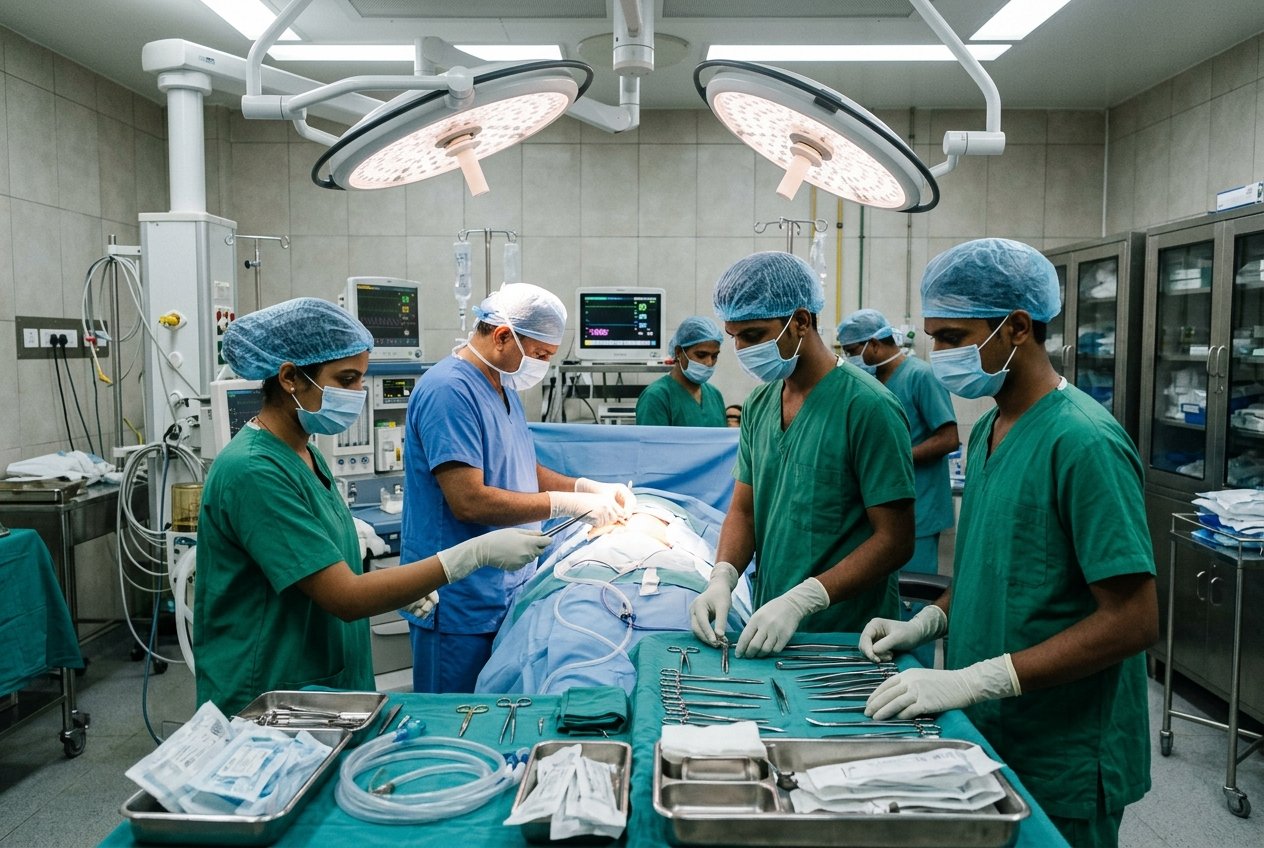 Operation theatre technician students preparing sterile surgical instrumentation at Philadelphia Mission Hospital Ambala OSPMI