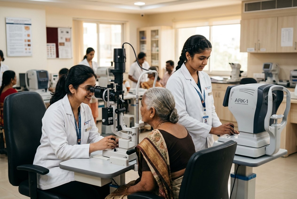 Optometry students conducting clinical slit lamp eye examination on patient at Philadelphia Mission Hospital Ambala OSPMI